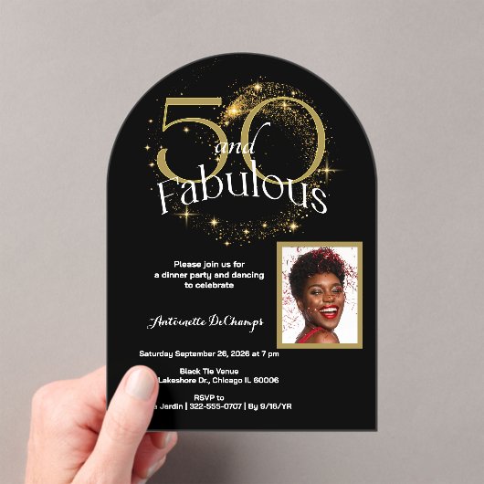 50と素晴らカスタマイズし独身のいフォト黒金ゴールド アクリル招待状 (インサイチュ (ポータブル))