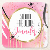 50と素晴らモダンしはっきりしたいホットピンクブラック金ゴールド スクエアペーパーコースター (正面)