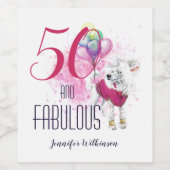 50と風船とピンクの素敵なふわふわの犬 ワインラベル (シングルラベル)