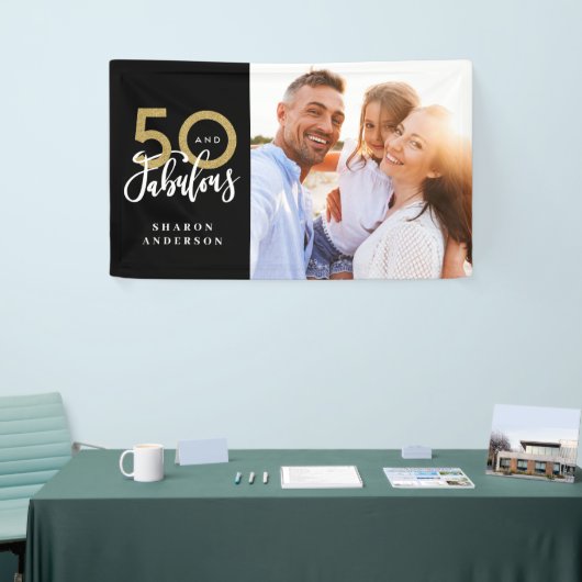 50とfab誕生日ブラックと金ゴールド写真コラージュ 横断幕 (トレードショー)