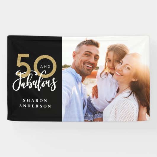 50とfab誕生日ブラックと金ゴールド写真コラージュ 横断幕 (横)