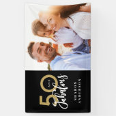 50とfab誕生日ブラックと金ゴールド写真コラージュ 横断幕 (縦)