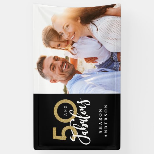 50とfab誕生日ブラックと金ゴールド写真コラージュ 横断幕 (縦)