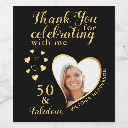 50とFab誕生日写真ありがとうブラックと金ゴールド ワインラベル (シングルラベル)