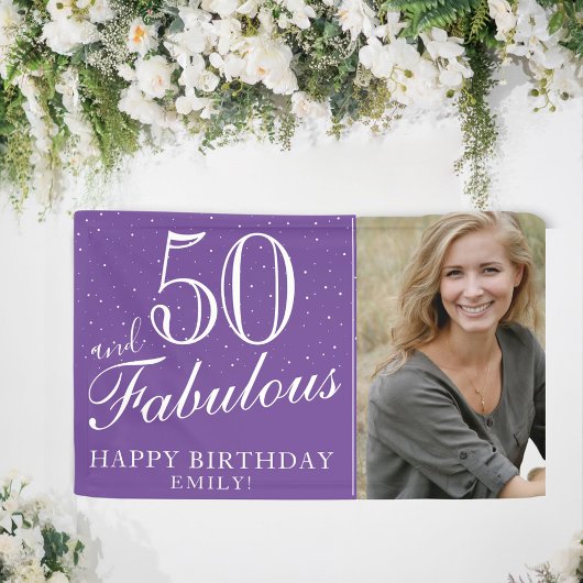 50とFabulous モダン Purple 50th誕生日写真 横断幕