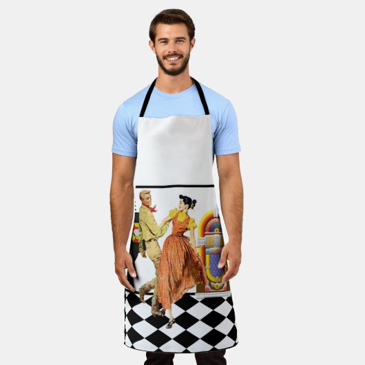 50のダイナージュケボックスレコードカップル踊り エプロン (着用した状態)