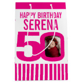 50の写真で0ピンクの白い誕生日抱き枕 ミディアムペーパーバッグ (正面)