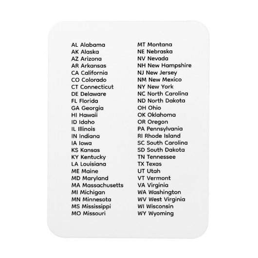 50の州のリスト(アルファベット順) マグネット (縦)