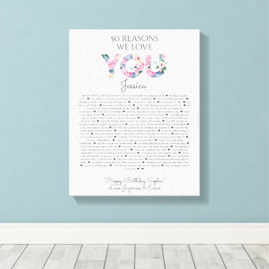 50の理由で我々はあなたを愛するピンクブルーフローラ キャンバスプリント (インサイチュ (ウッドフロア))