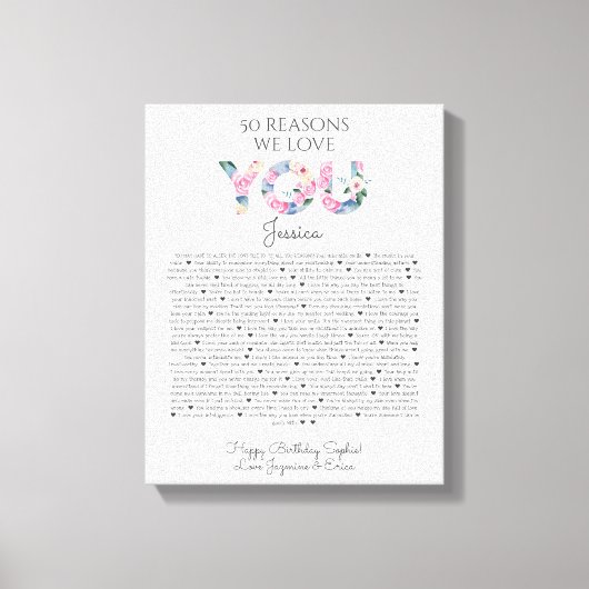50の理由で我々はあなたを愛するピンクブルーフローラ キャンバスプリント (正面)