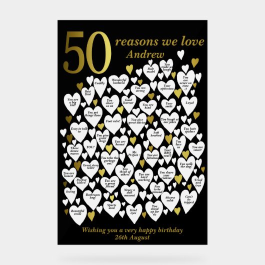 50の理由私たちはあなたを愛する50番目の誕生日ハート アクリルサイン (正面)