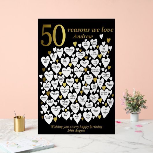 50の理由私たちはあなたを愛する50番目の誕生日ハート アクリルサイン (ウェディング)