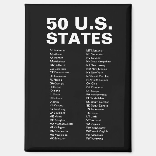 50の米国州略称リスト ブラック マグネット (正面)