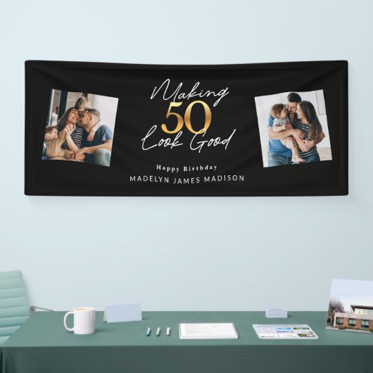50の見栄えのよい金ゴールドと黒い誕生日 横断幕 (トレードショー)