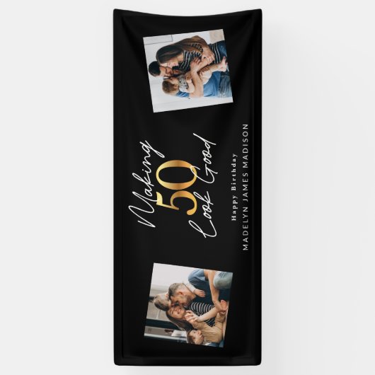 50の見栄えのよい金ゴールドと黒い誕生日 横断幕 (縦)