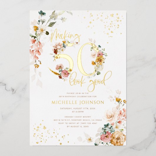 50の見栄えを良くするピンクのフローラ金ゴールド 箔招待状 (正面)