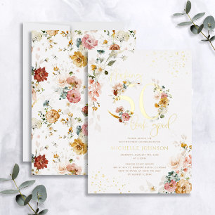 50の見栄えを良くするピンクのフローラ金ゴールド 箔招待状