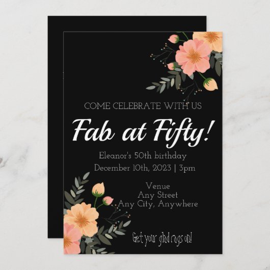 50の誕生日カードでファブ。バラは黒。編集可能 招待状 (正面/裏面)