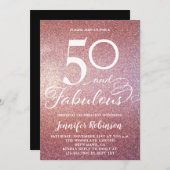 50の輝くローズゴールドグリッター誕生日パーティー招待状 招待状 (正面/裏面)