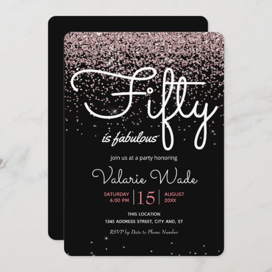 50は素晴らしいピンクの誕生日パーティー 招待状 (正面/裏面)