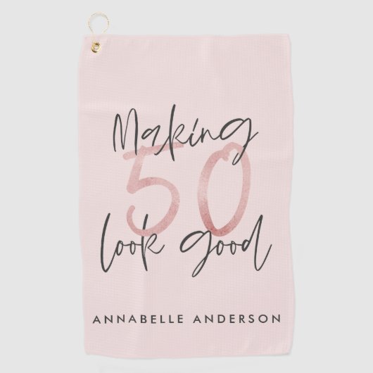 50をピンクの誕生日にガーリー見せるグリッター ゴルフタオル (正面)