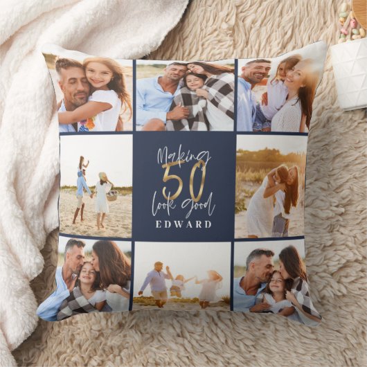 50を良い青い金ゴールド写真の誕生日に見せる クッション (ブランケット)