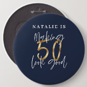 50を良い青い金ゴールド誕生日ボタンに見せる 缶バッジ (正面&裏面)