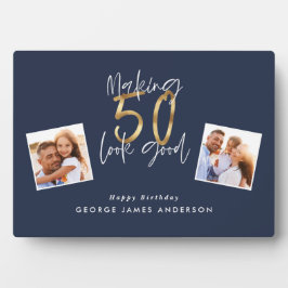 50を良い青と金ゴールドの誕生日に見せる フォトプラーク