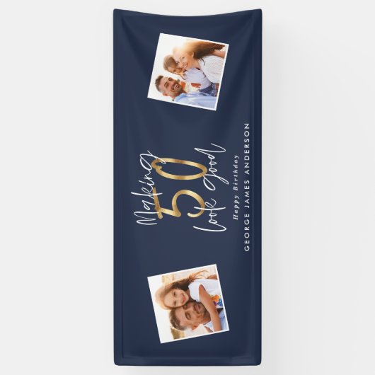 50を良い青と金ゴールドの誕生日に見せる 横断幕 (縦)