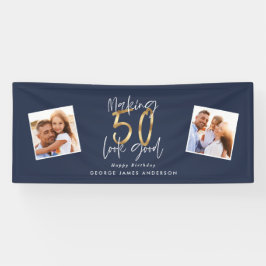 50を良い青と金ゴールドの誕生日に見せる 横断幕