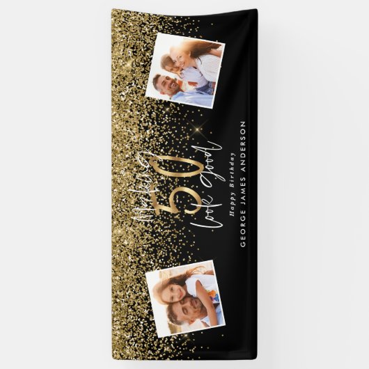 50を良い黒と金ゴールドのバン 横断幕 (縦)