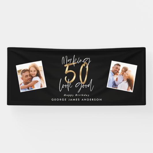 50を良い黒と金ゴールドの誕生日に見せる 横断幕 (横)