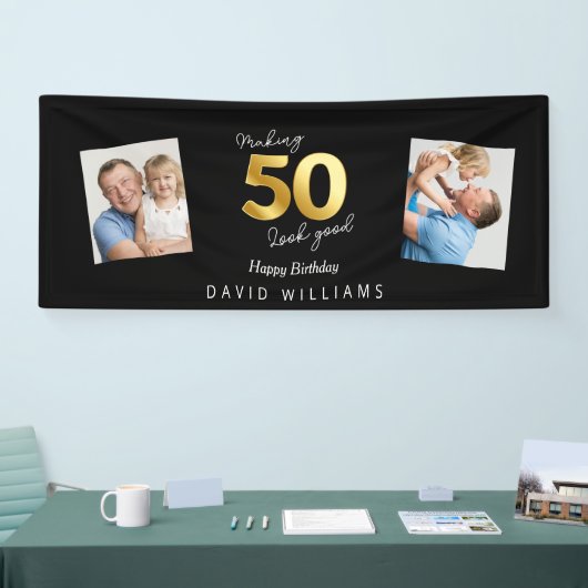 50を良い黒と金ゴールド誕生日バナーに見せる 横断幕 (トレードショー)