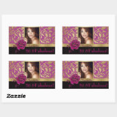 50アンドファビュラスパープル金ゴールドダマスクフォト誕生日 長方形シール (シート)