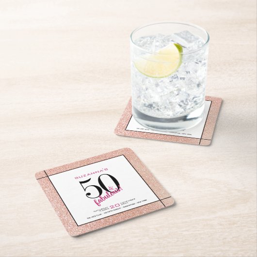 50アンドファボウスピンクグリッターパーティの招待状 スクエアペーパーコースター (インサイチュ)