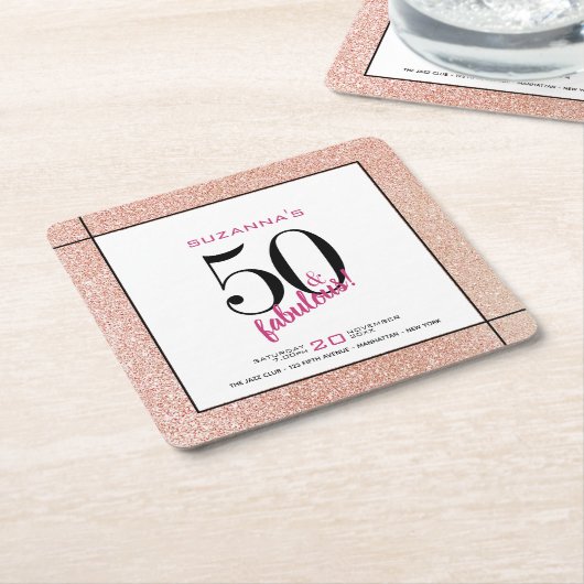 50アンドファボウスピンクグリッターパーティの招待状 スクエアペーパーコースター (アングル)