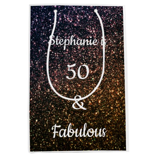 50アンド素晴らしい誕生日金ゴールドブラックゴールデングリッター ミディアムペーパーバッグ (正面)