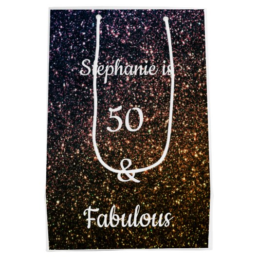 50アンド素晴らしい誕生日金ゴールドブラックゴールデングリッター ミディアムペーパーバッグ (裏面)