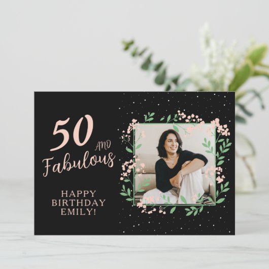 50エレガントと素晴らしい花50th誕生日写真 カード (スタンド正面)