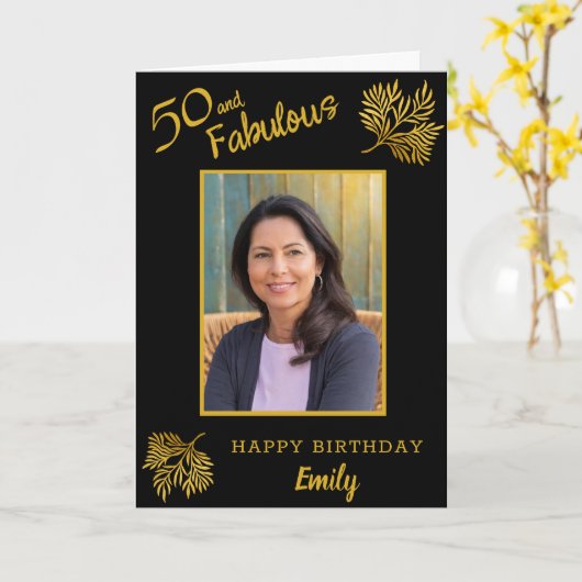 50エレガントと素晴らしい金ゴールドの葉50誕生日 カード (黄色い花)