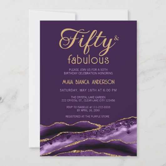 50エレガントと素晴らしい50誕生日紫色の瑪瑙 招待状 (正面)