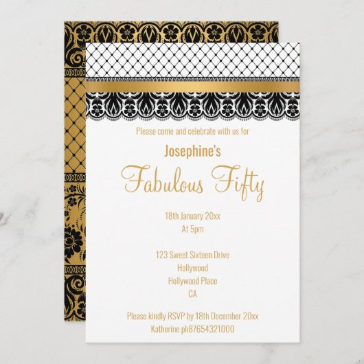 50エレガントカスタム金ゴールドレースで素晴らしい 招待状 (正面/裏面)
