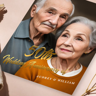 50エレガント周年結婚: 3D金ゴールドスクリプト 招待状