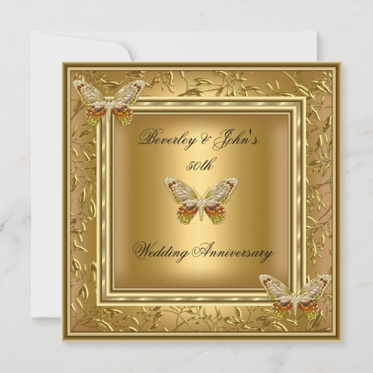 50エレガント周年記念結婚金ゴールドダマスク 招待状 (正面)