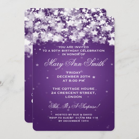 50エレガント回目の誕生パーティー、輝くスターズパープル 招待状 (正面/裏面)
