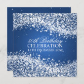 50エレガント歳の誕生日パーテきらめくィーのウェーブブルー 招待状 (正面/裏面)