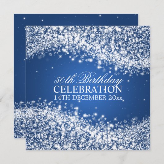 50エレガント歳の誕生日パーテきらめくィーのウェーブブルー 招待状 (正面/裏面)