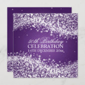 50エレガント歳の誕生日パーティー・ウェきらめくーブ・パープル 招待状 (正面/裏面)