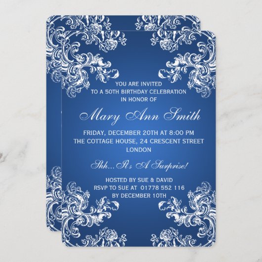 50エレガント歳の誕生日ヴィンテージが2つの青に渦巻く 招待状 (正面/裏面)