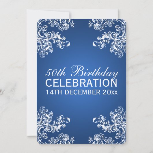 50エレガント歳の誕生日ヴィンテージが2つの青に渦巻く 招待状 (裏面)